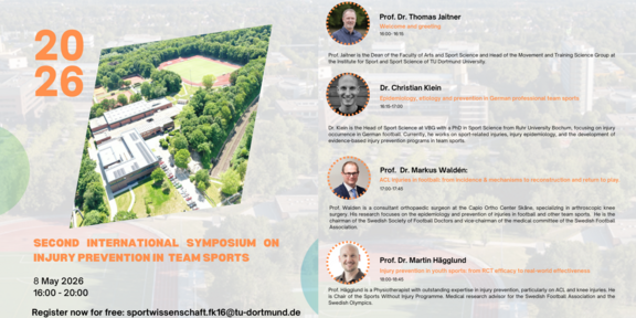 Poster mit Informationen zum Symposium inklusive kleiner Bilder der teilnehmenden Redner Prof. Dr. Thomas Jaitner, Dr. Christian Klein, Prof. Dr. Markus Waldén, Prof. Dr. Martin Hägglund und Jana Bergmann