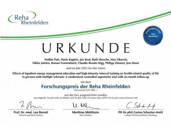 Urkunde Forschungspreis der Reha Rheinefelden